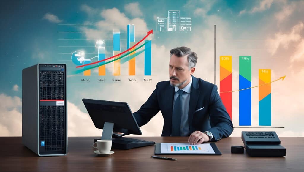 Businessman analyzing financial data and charts at office desk.