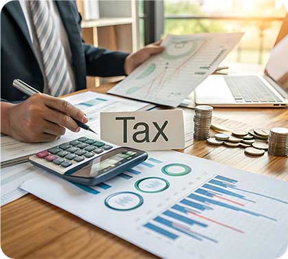 Business professional analyzing tax documents with charts and calculator for accounting services.
