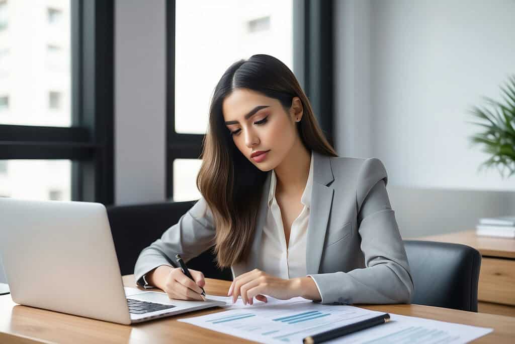 Businesswoman in a gray suit working on financial documents at her desk.