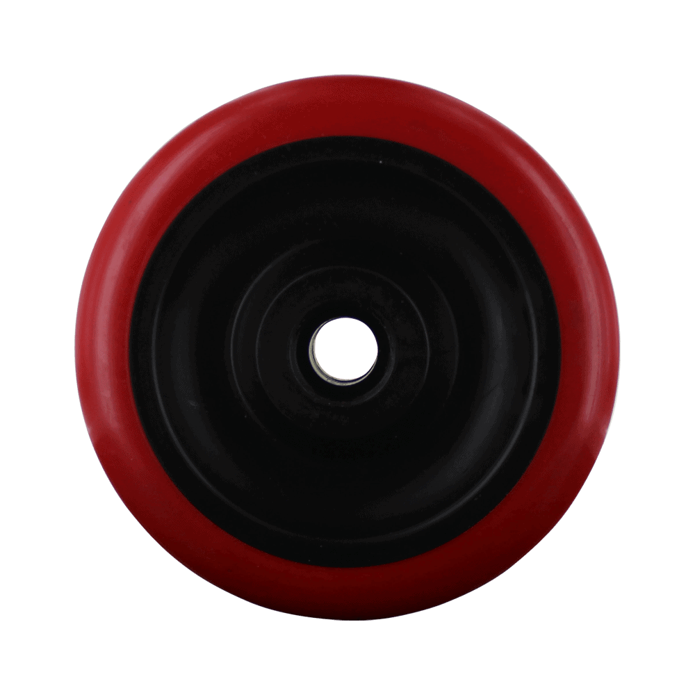 Red and black caster wheel for industrial use.