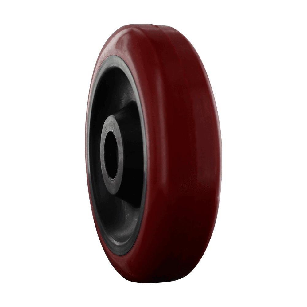 Wheel for industrial caster, 5-inch diameter, red polyurethane tread.