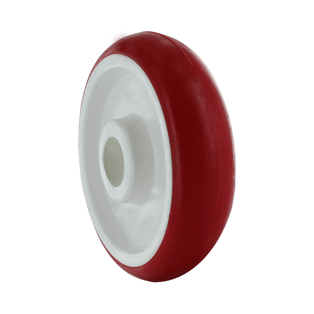 Heavy-duty red and white caster wheel for industrial applications.
