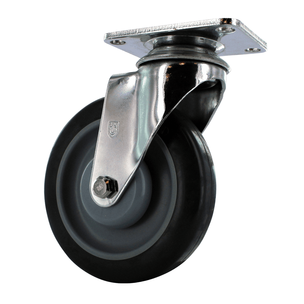 Industrial caster wheel with durable rubber tire and metal mounting plate.