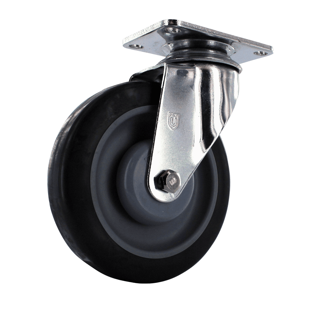 Duty caster wheel with metal mounting plate and rubber tire for smooth movement.