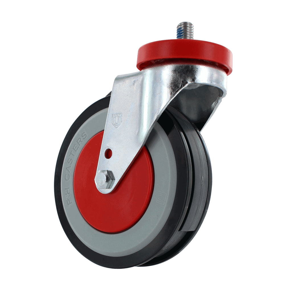 Industrial caster wheel with red and black rubber tire for heavy loads.