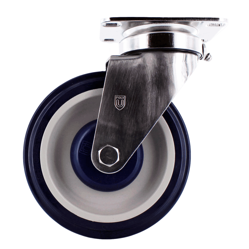 Heavy duty industrial caster wheel with polyurethane tread for durability and smooth movement.