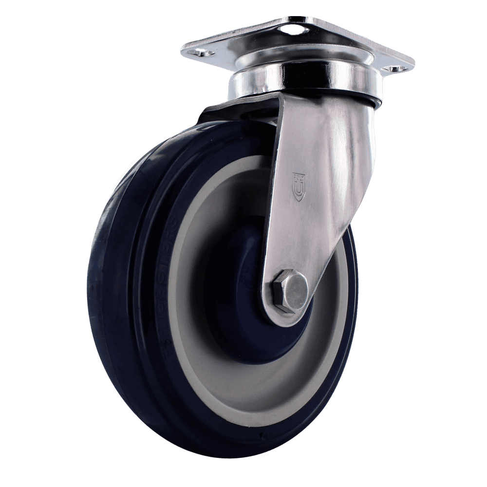 Industrial caster wheel with durable rubber tire and metal mounting plate.