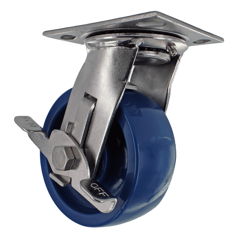 Industrial blue caster wheel with locking for heavy equipment mobility.