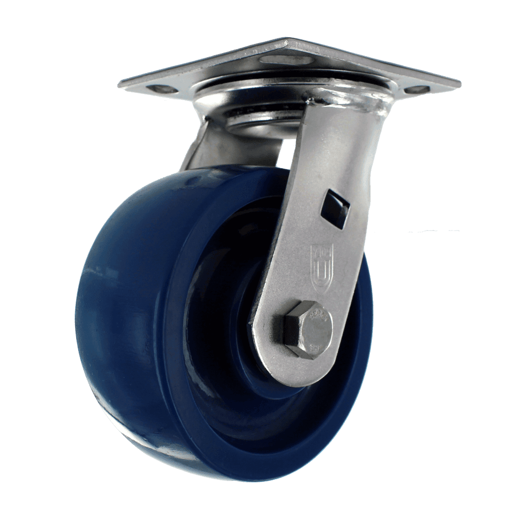 Industrial blue caster wheel with durable construction and swivel design.
