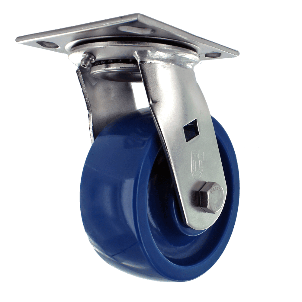 Industrial caster wheel with blue polyurethane tire and metal mounting plate.