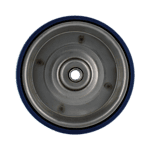 Industrial caster wheel with metal core and blue rubber tread for smooth movement.