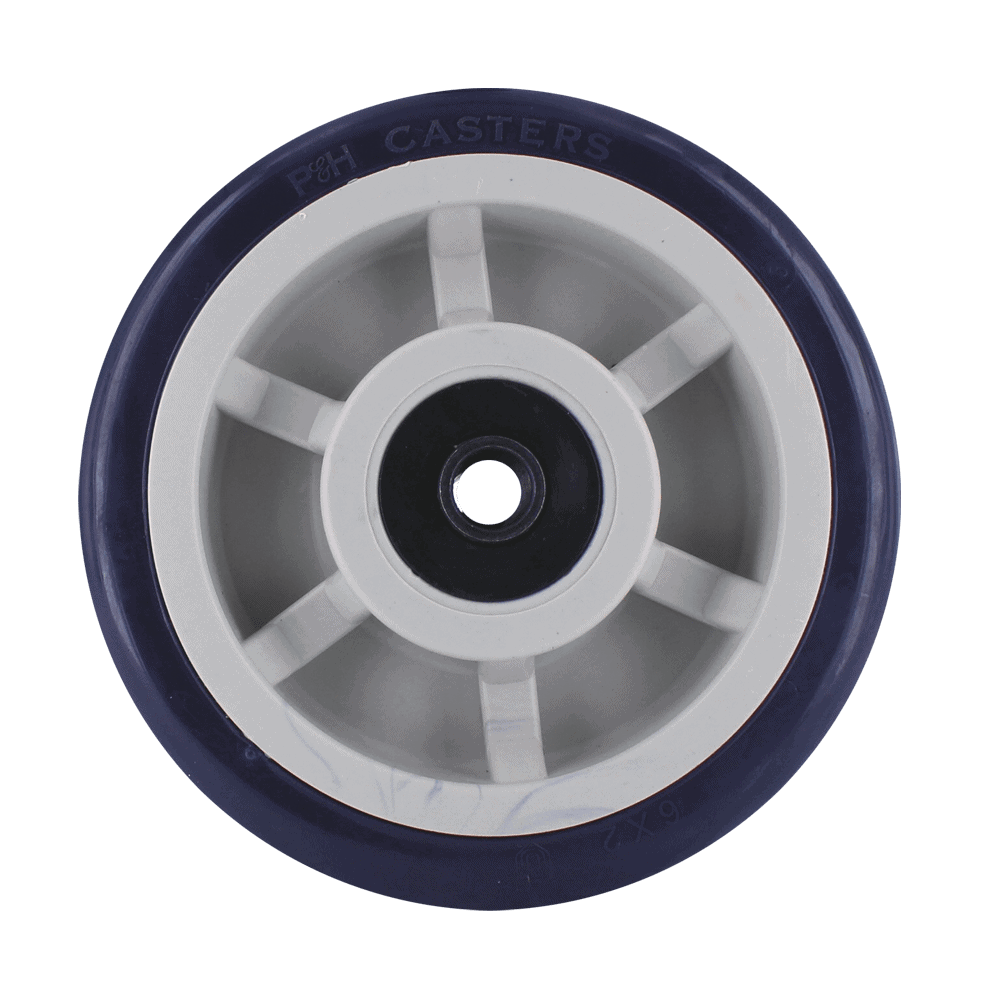Heavy-duty white and black caster wheel for industrial carts.