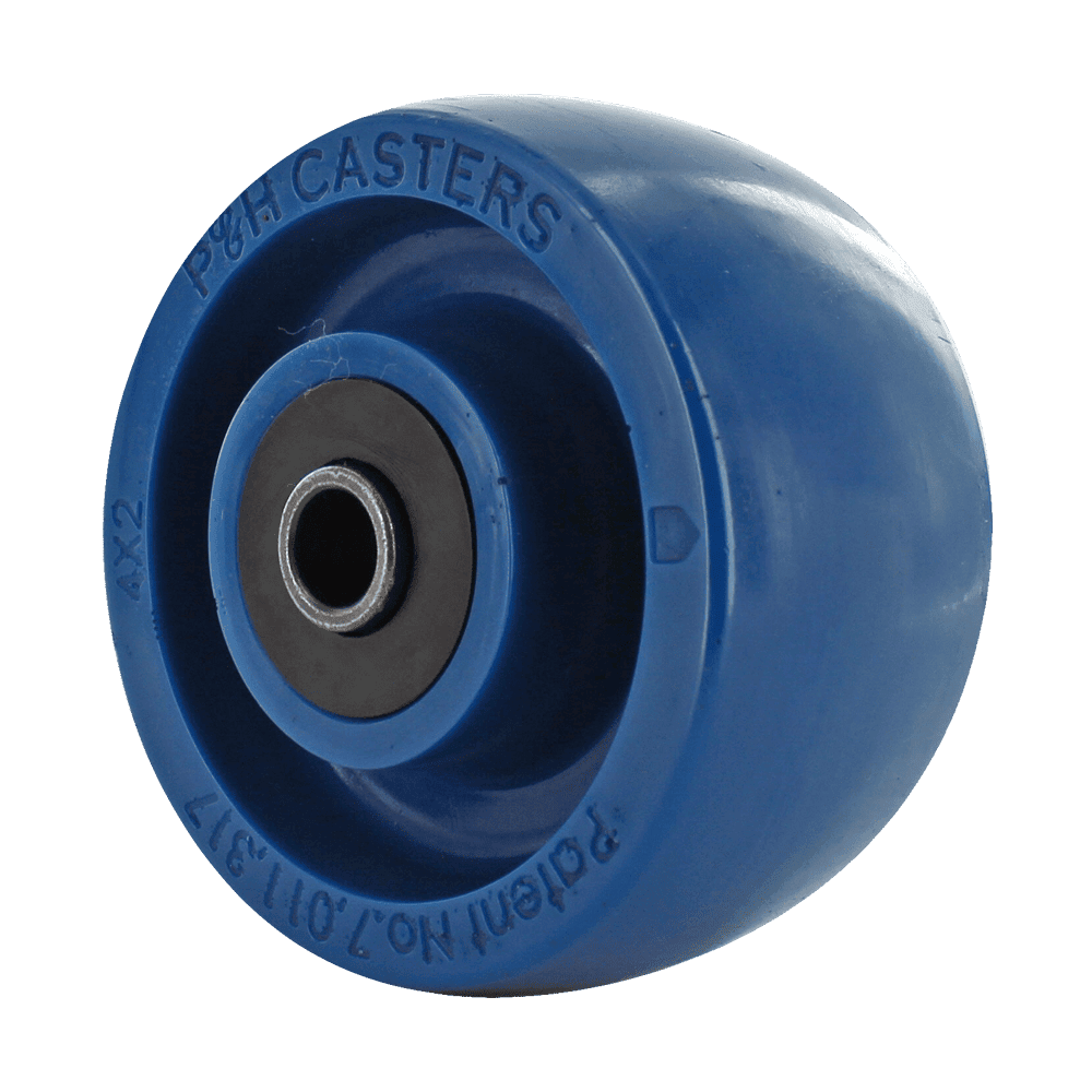 Heavy-duty blue caster wheel for industrial use.