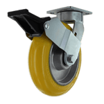 Industrial caster wheel with yellow polyurethane tire and metal mounting plate.
