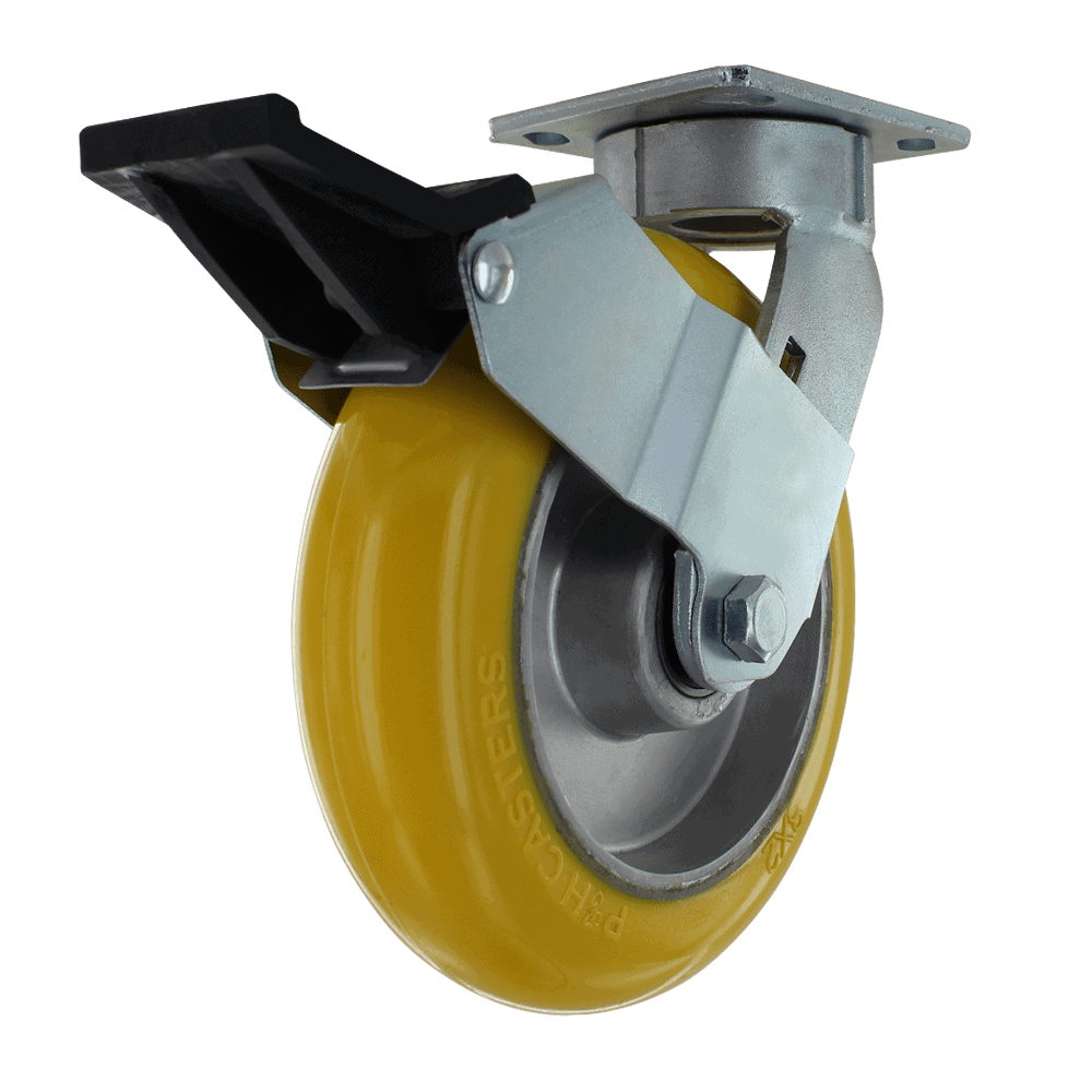 Industrial caster wheel with yellow polyurethane tire and metal mounting plate.