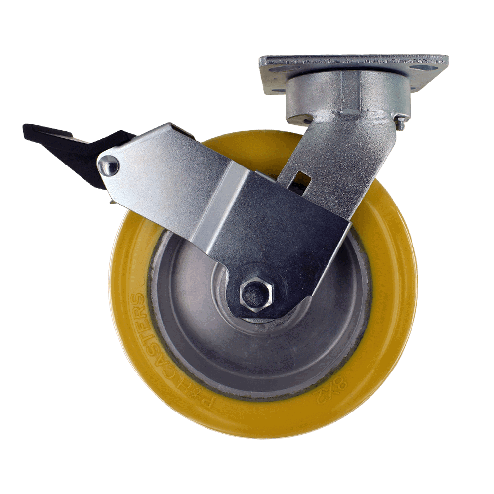 Industrial caster wheel with yellow polyurethane tread for smooth movement.