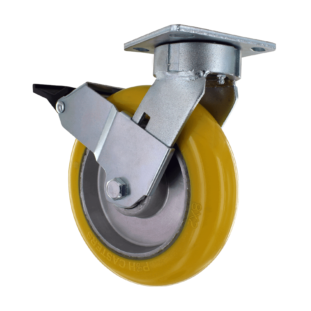 Industrial yellow caster wheel with metal mounting plate and swivel design.