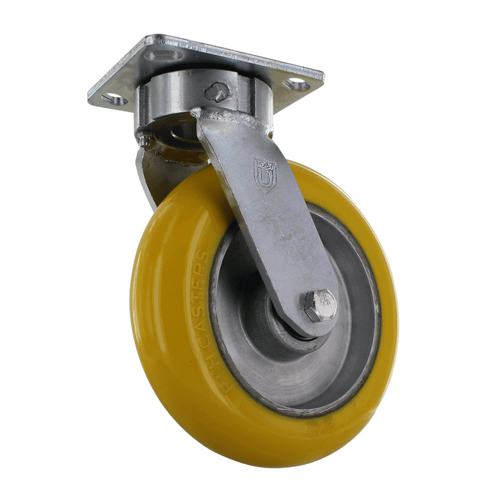 Industrial yellow caster wheel with metal mounting plate for heavy loads.