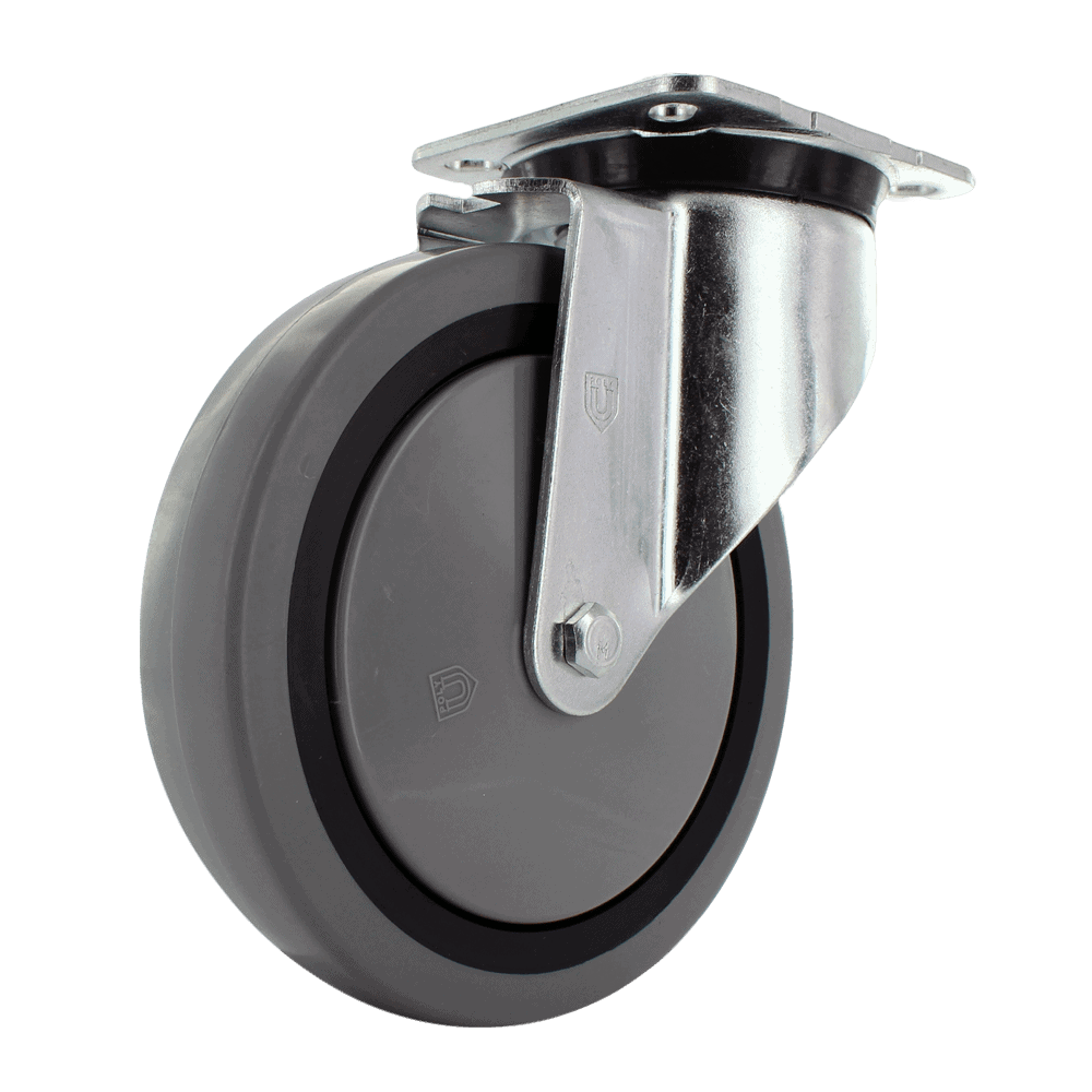 Heavy duty grey caster wheel with durable rubber tread and metal mounting plate for industrial appli.