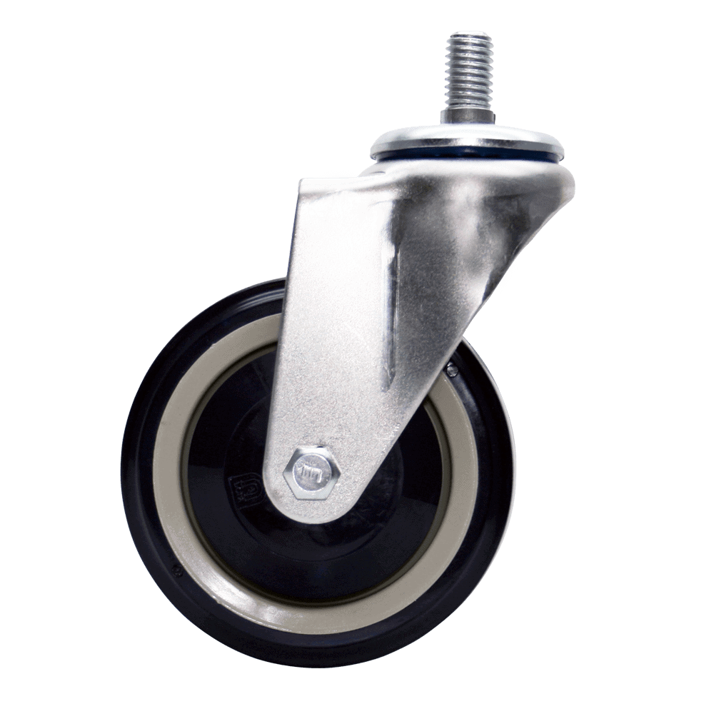 Caster wheel with metal mounting plate and durable rubber tire.