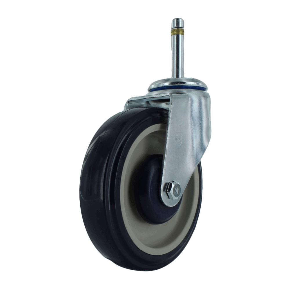 Heavy duty caster wheel with durable rubber tire and metal mounting plate for industrial application.