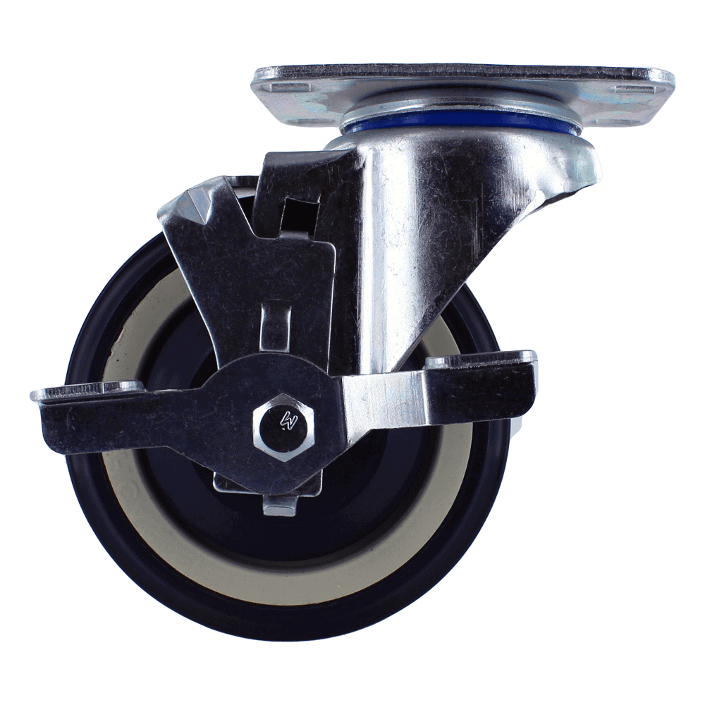 Quality industrial caster wheel with durable metal frame and rubber tire for smooth movement.