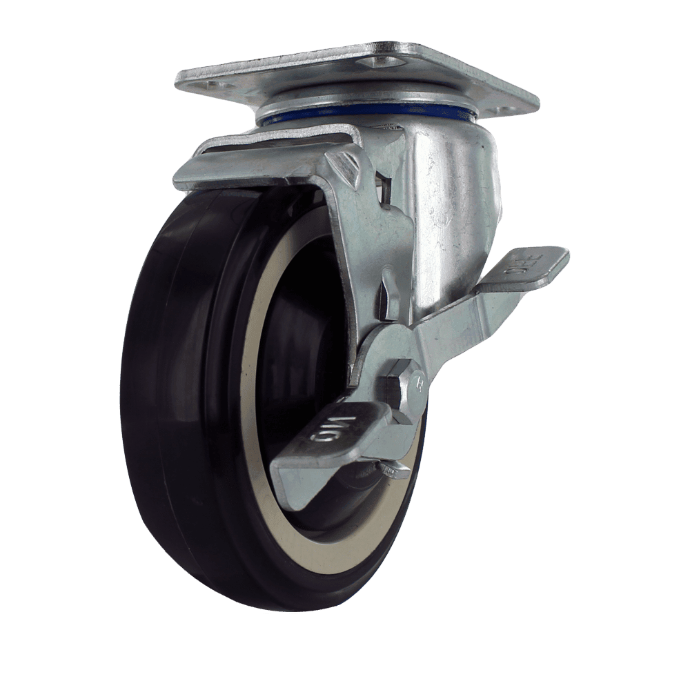 Industrial caster wheel with brake for heavy equipment.