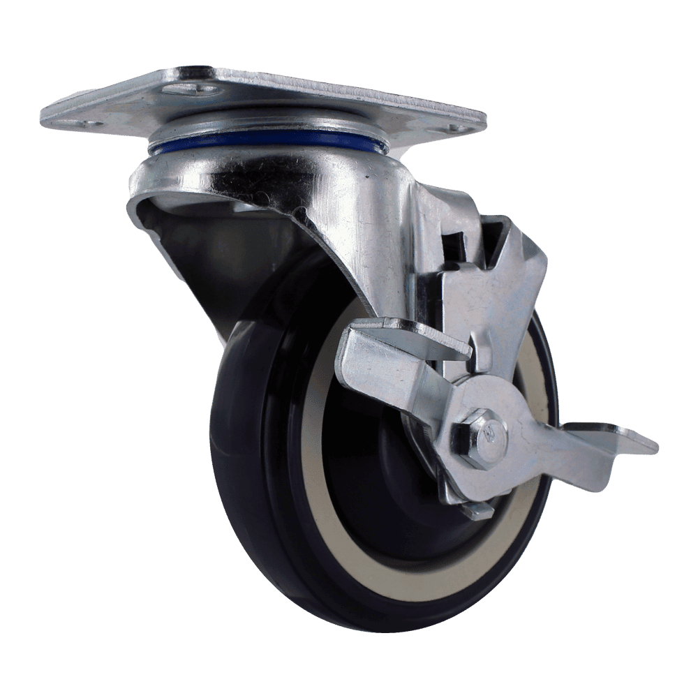 Heavy duty caster wheel with locking mechanism for industrial carts and equipment.