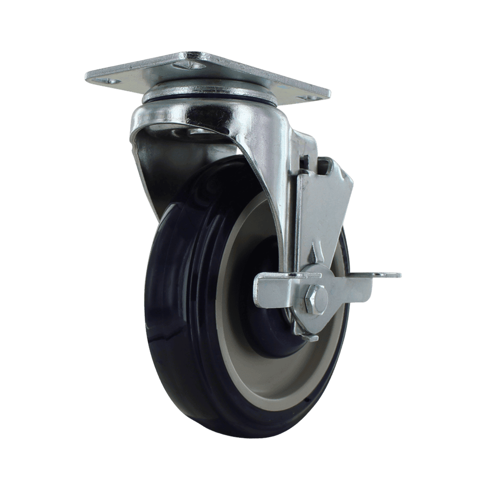Industrial caster wheel with durable rubber tire and metal mounting plate.