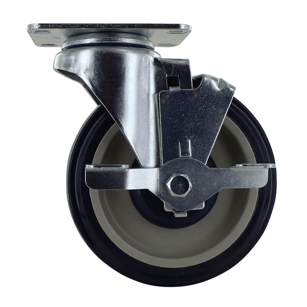 Industrial caster wheel with durable metal frame and rubber tire for smooth movement.