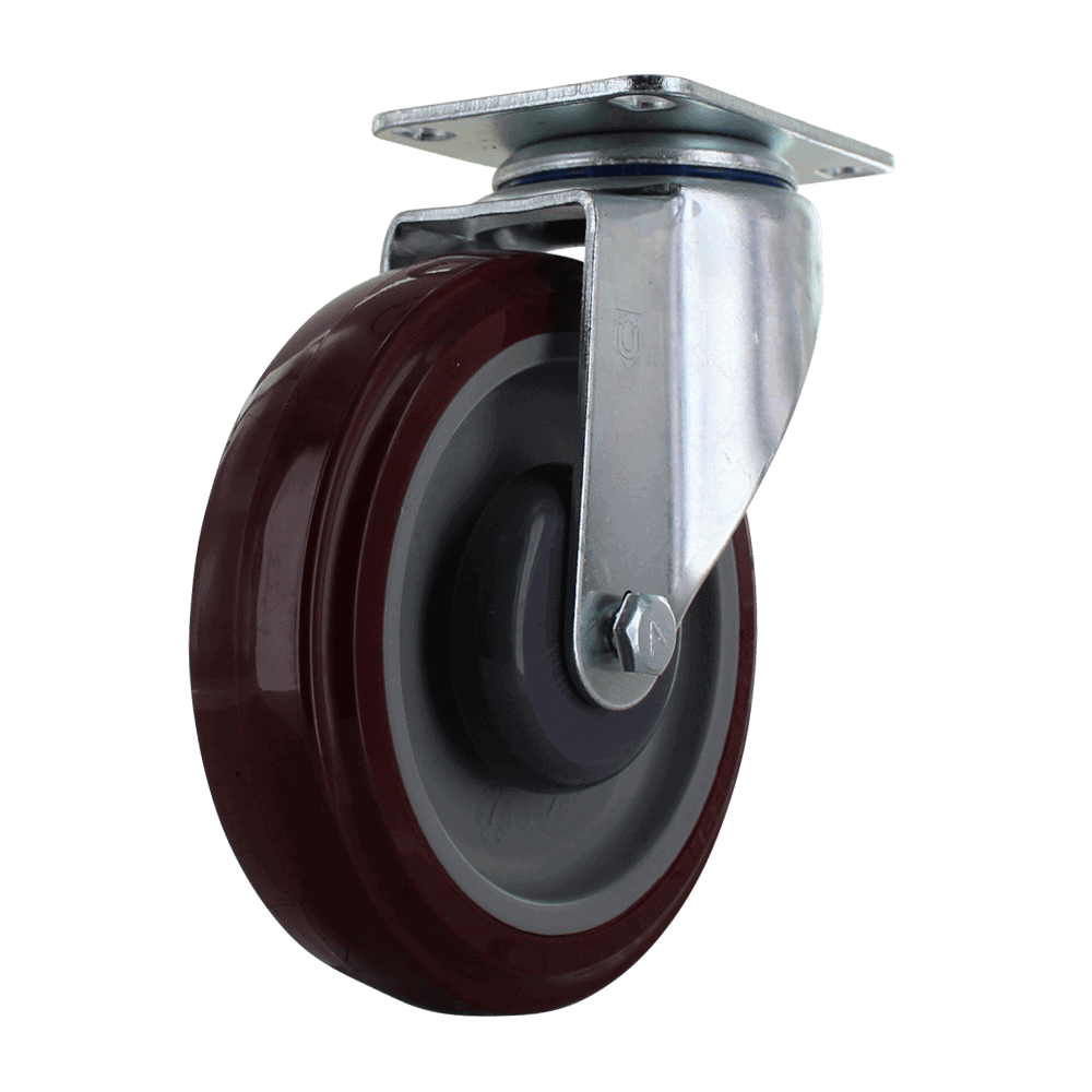 Heavy duty caster wheel with red polyurethane tread and metal mounting plate for durable mobility so.
