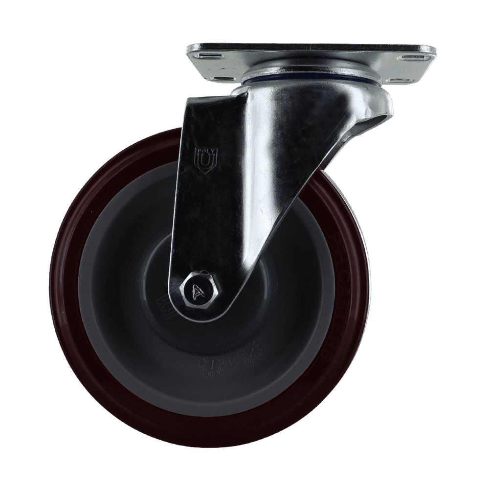 Caster wheel with durable rubber tire and metal mounting plate.