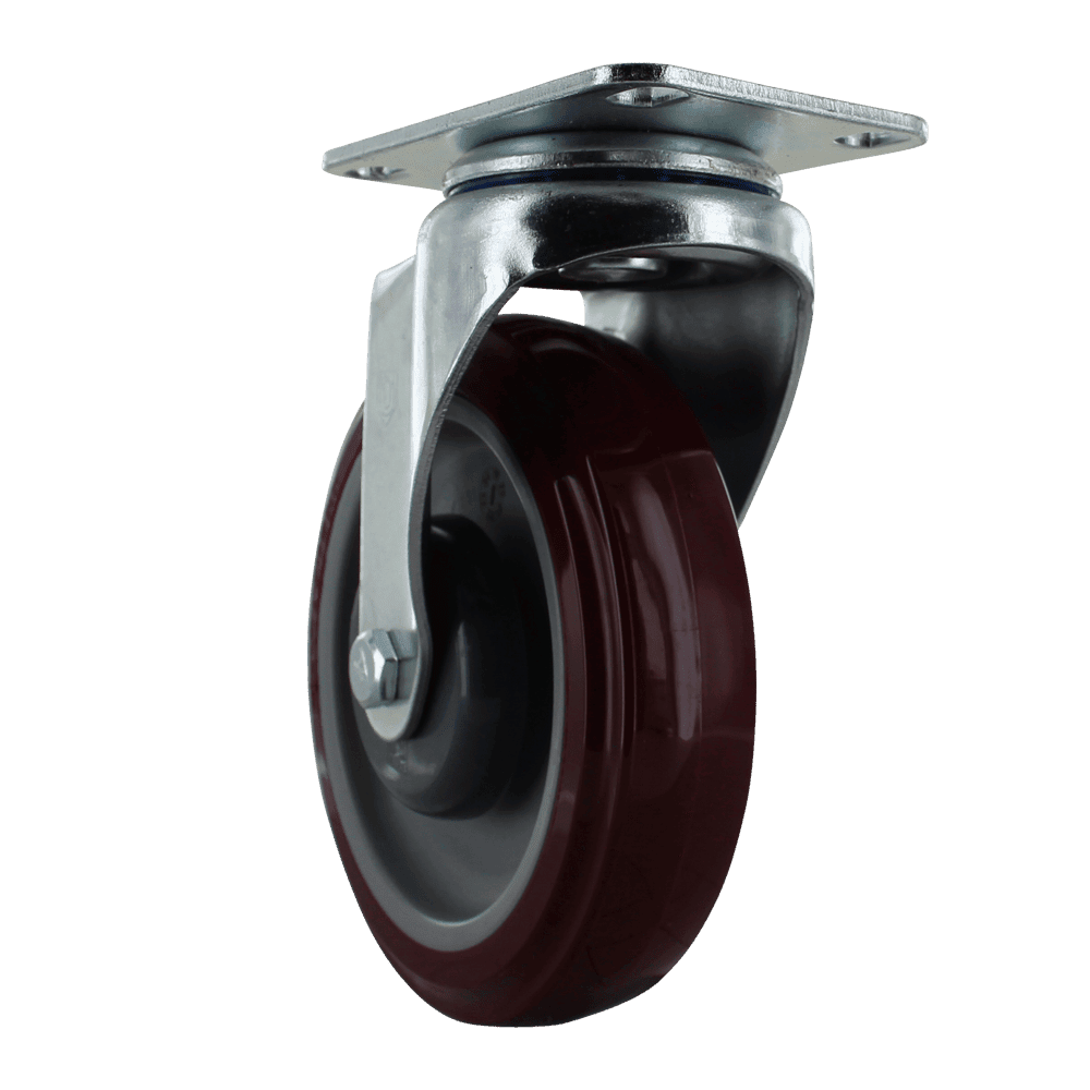 Quality industrial caster wheel with durable red polyurethane tread and sturdy metal mounting plate.