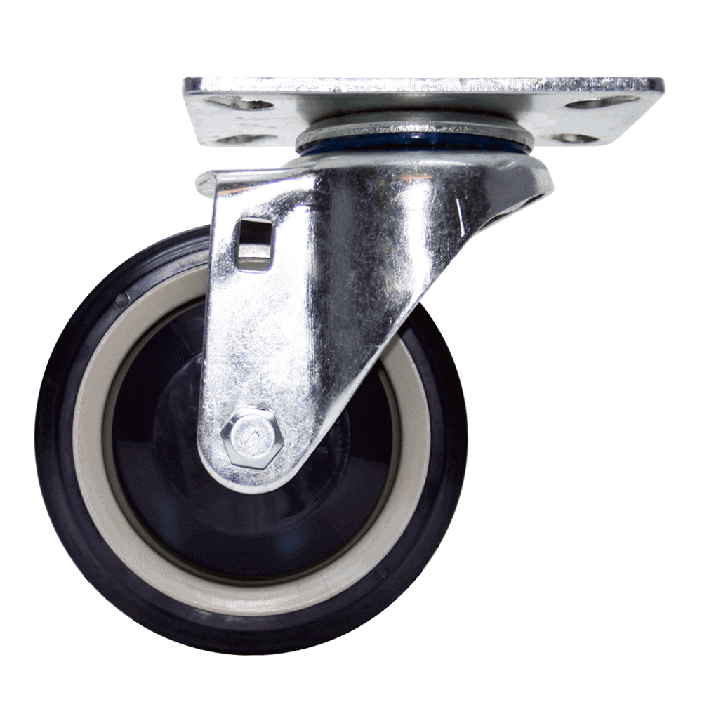 Industrial caster wheel with durable metal frame and rubber tire.