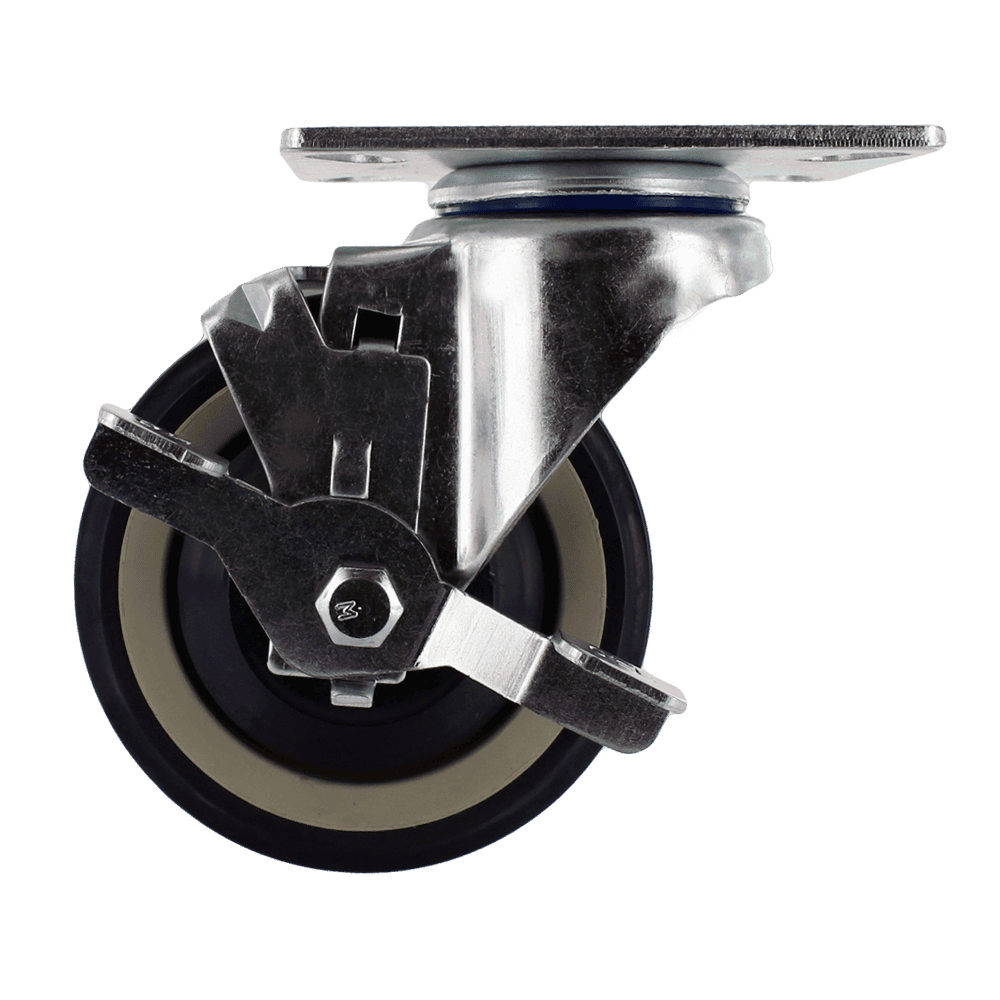 Industrial caster wheel with durable metal frame and rubber tire for smooth movement.
