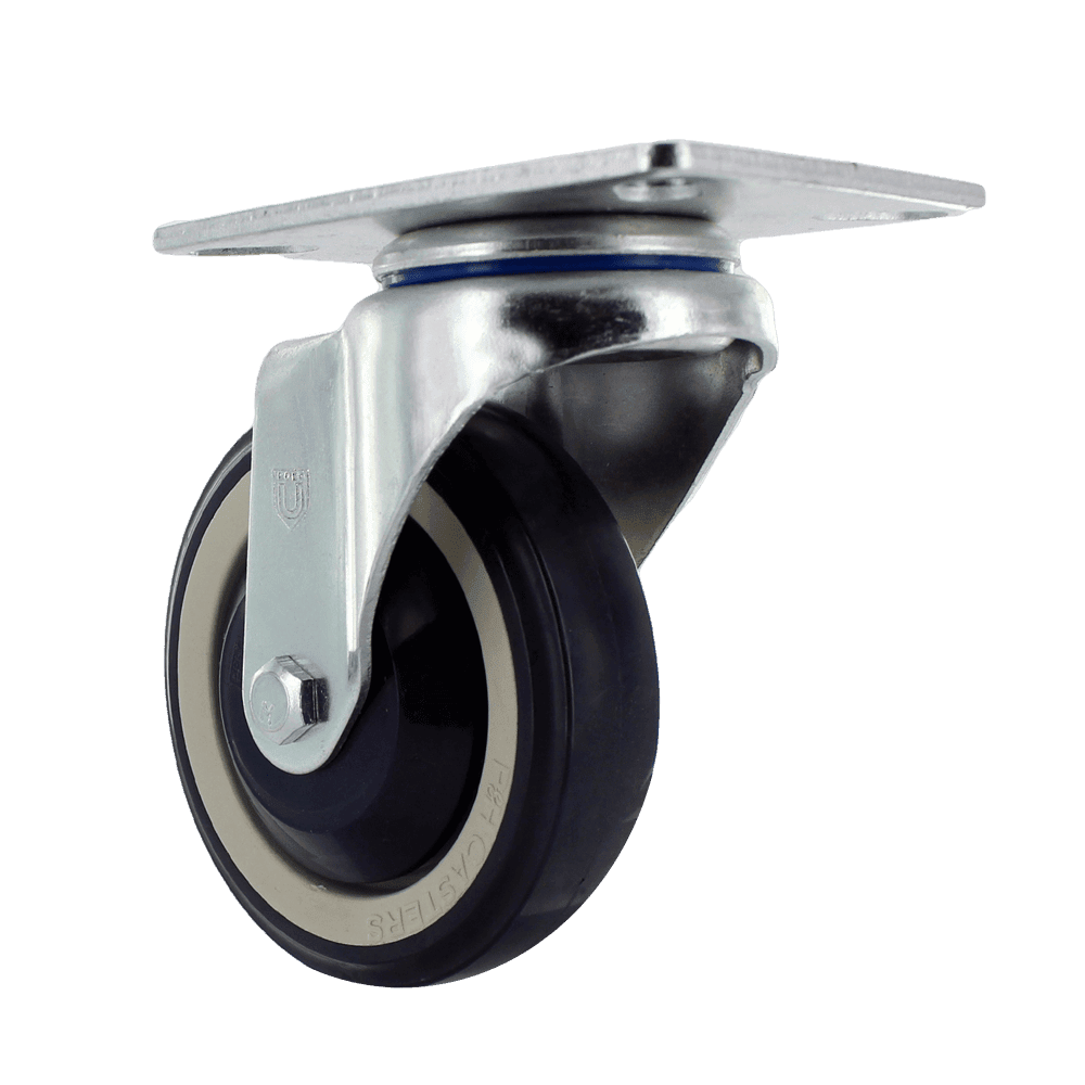 Industrial caster wheel with sturdy metal frame and rubber tire for heavy loads.