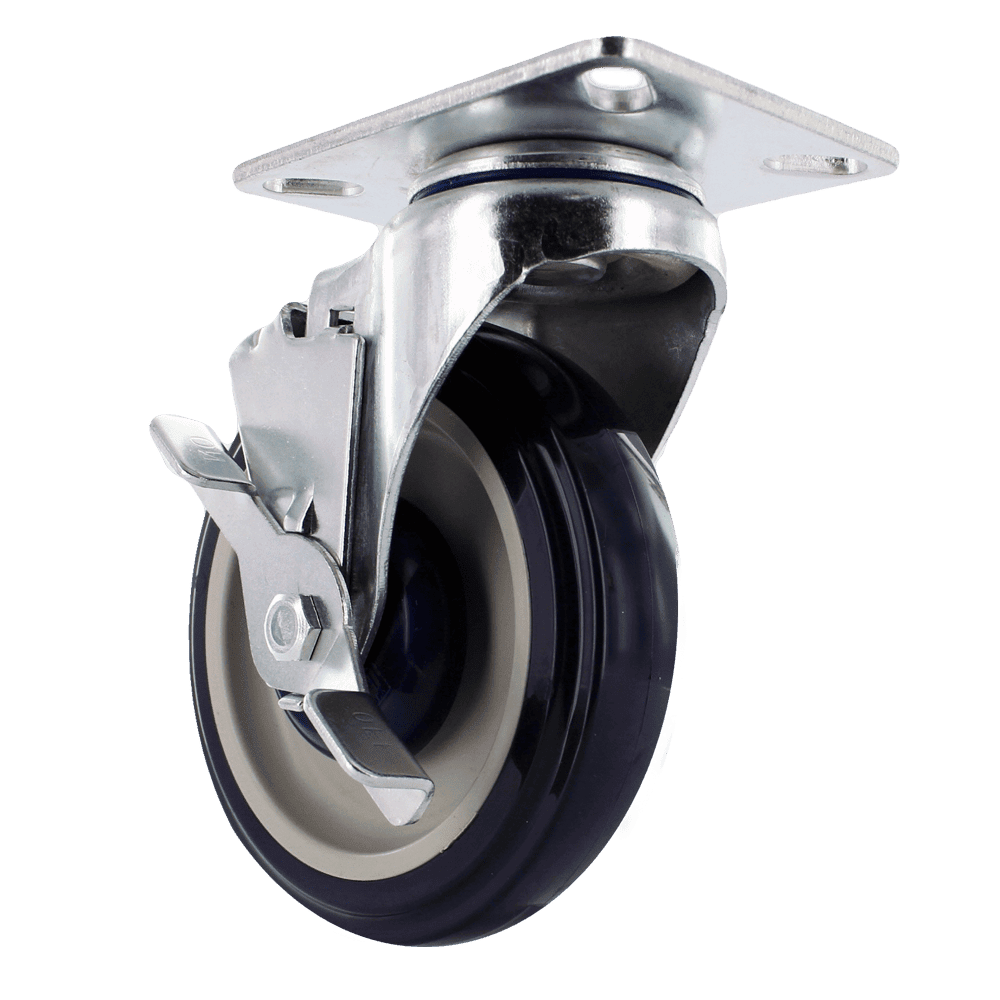 Industrial caster wheel with durable metal mounting plate and rubber wheel.