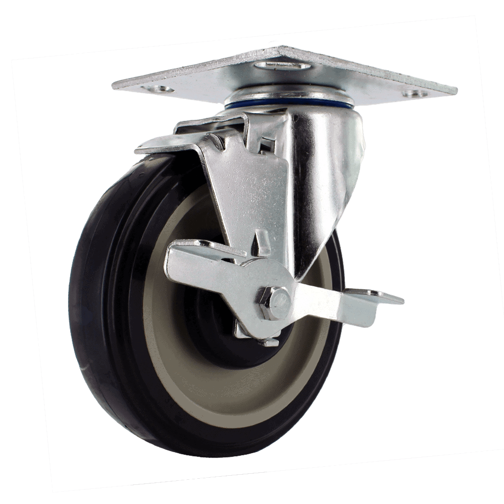 Industrial caster wheel with durable metal frame and rubber tire for smooth movement.