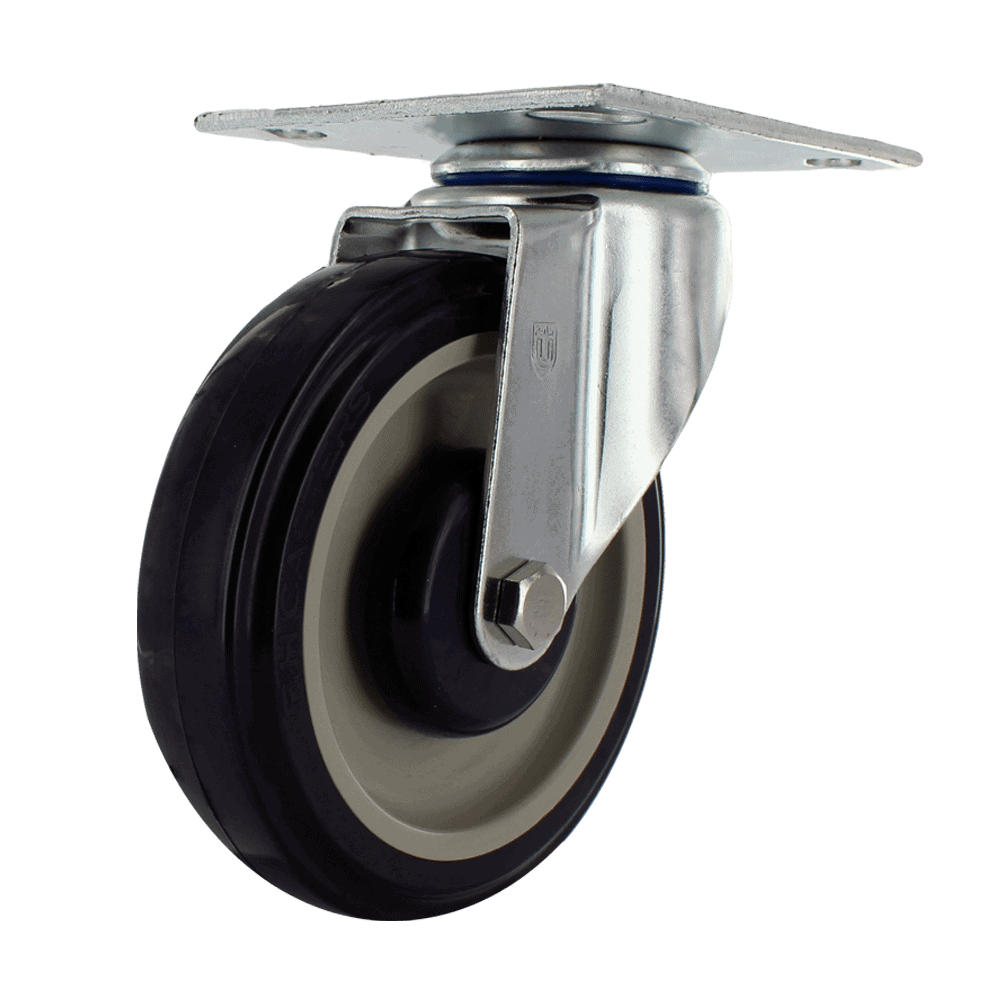 Industrial caster wheel with durable rubber tire and metal mounting plate for heavy loads.