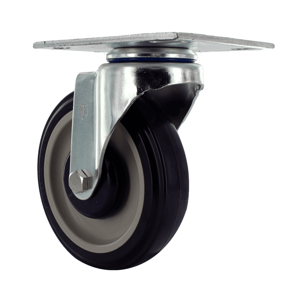 Industrial caster wheel with durable rubber tire and metal mounting plate.