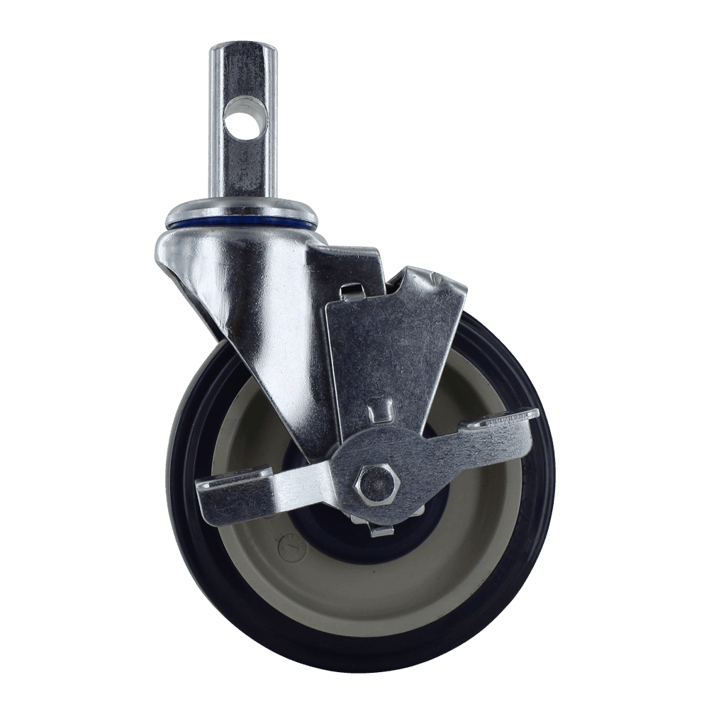 Industrial caster wheel with metal mounting plate and durable rubber tire.