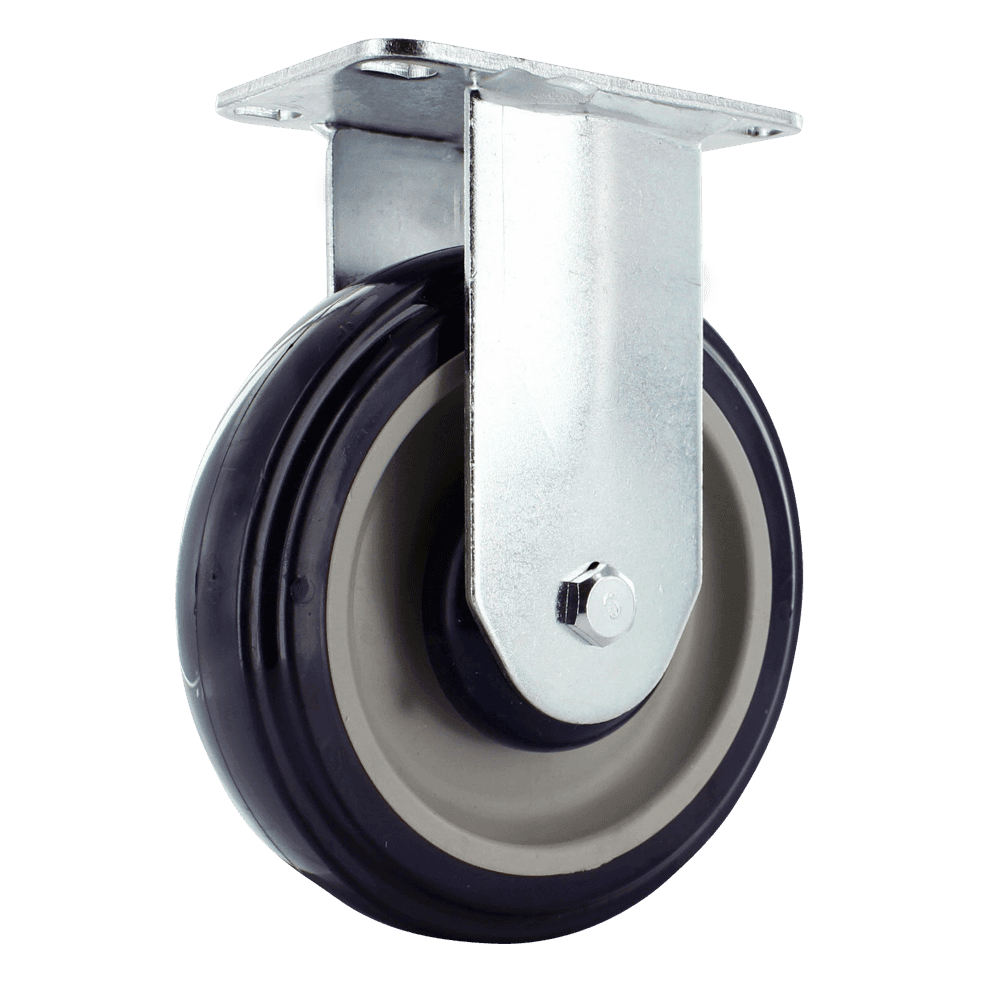 Heavy duty caster wheel with durable rubber tire and metal mounting plate for industrial application.