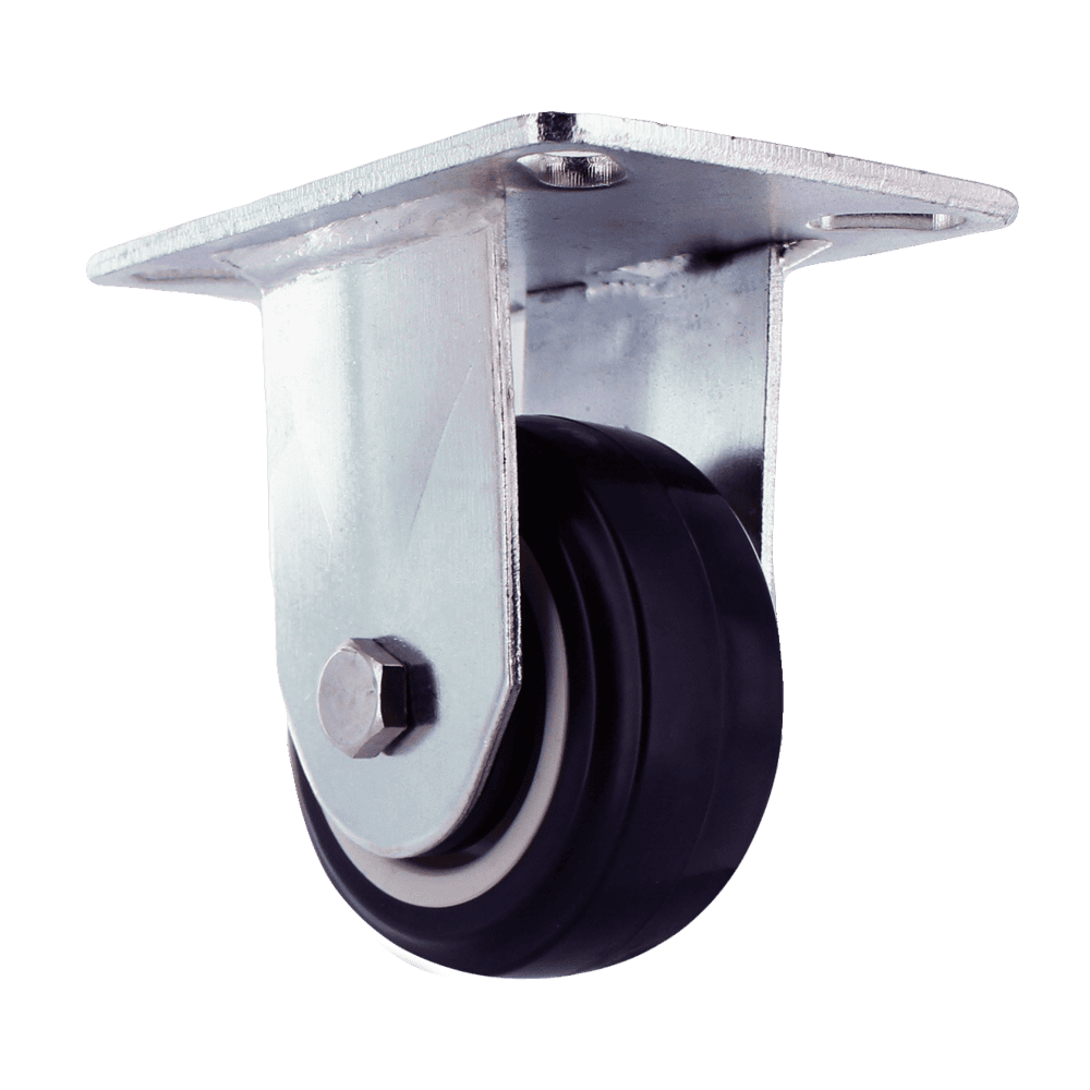Industrial caster wheel with metal mounting plate and durable rubber tire.
