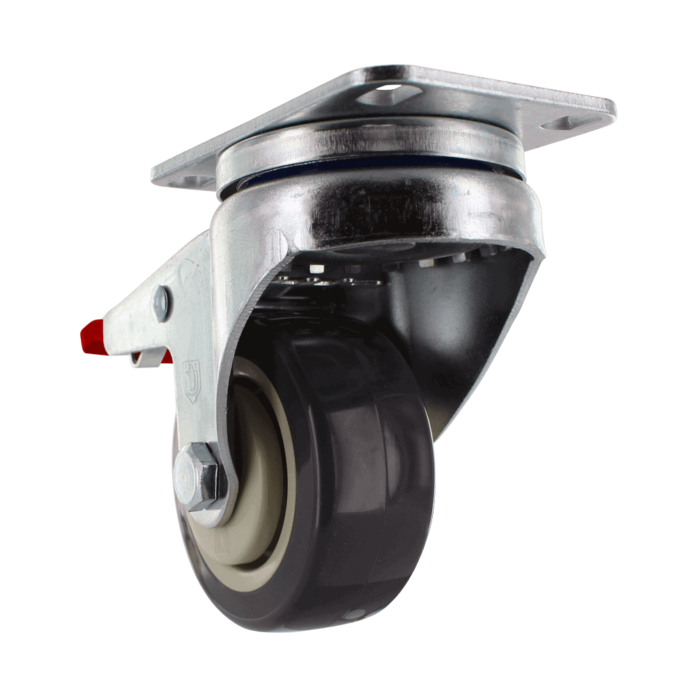 Industrial wheel caster with metal mounting plate and durable rubber wheel.