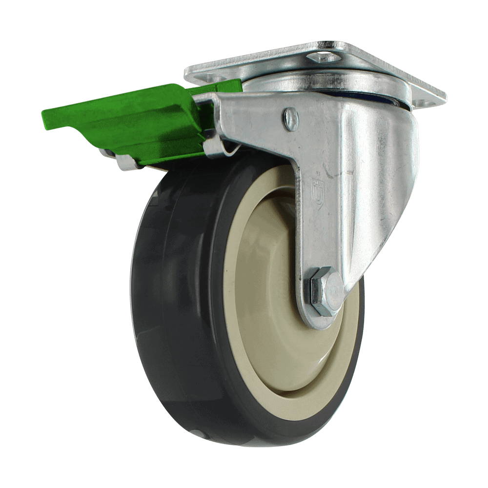 Industrial caster wheel with durable rubber tire and metal mounting plate for heavy loads.