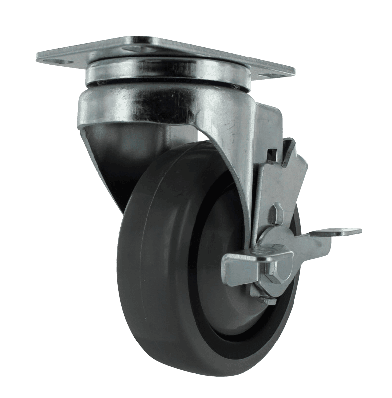 Heavy duty industrial caster wheel with locking mechanism for equipment mobility.