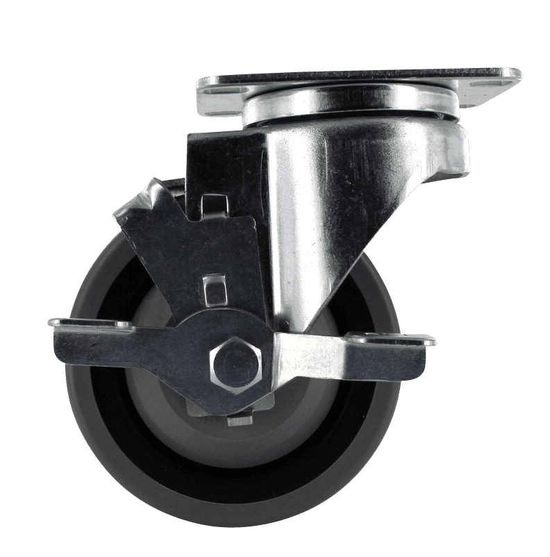 Industrial caster wheel with durable metal frame and rubber tire.