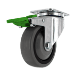 Heavy-duty caster wheel with green lock for industrial use.