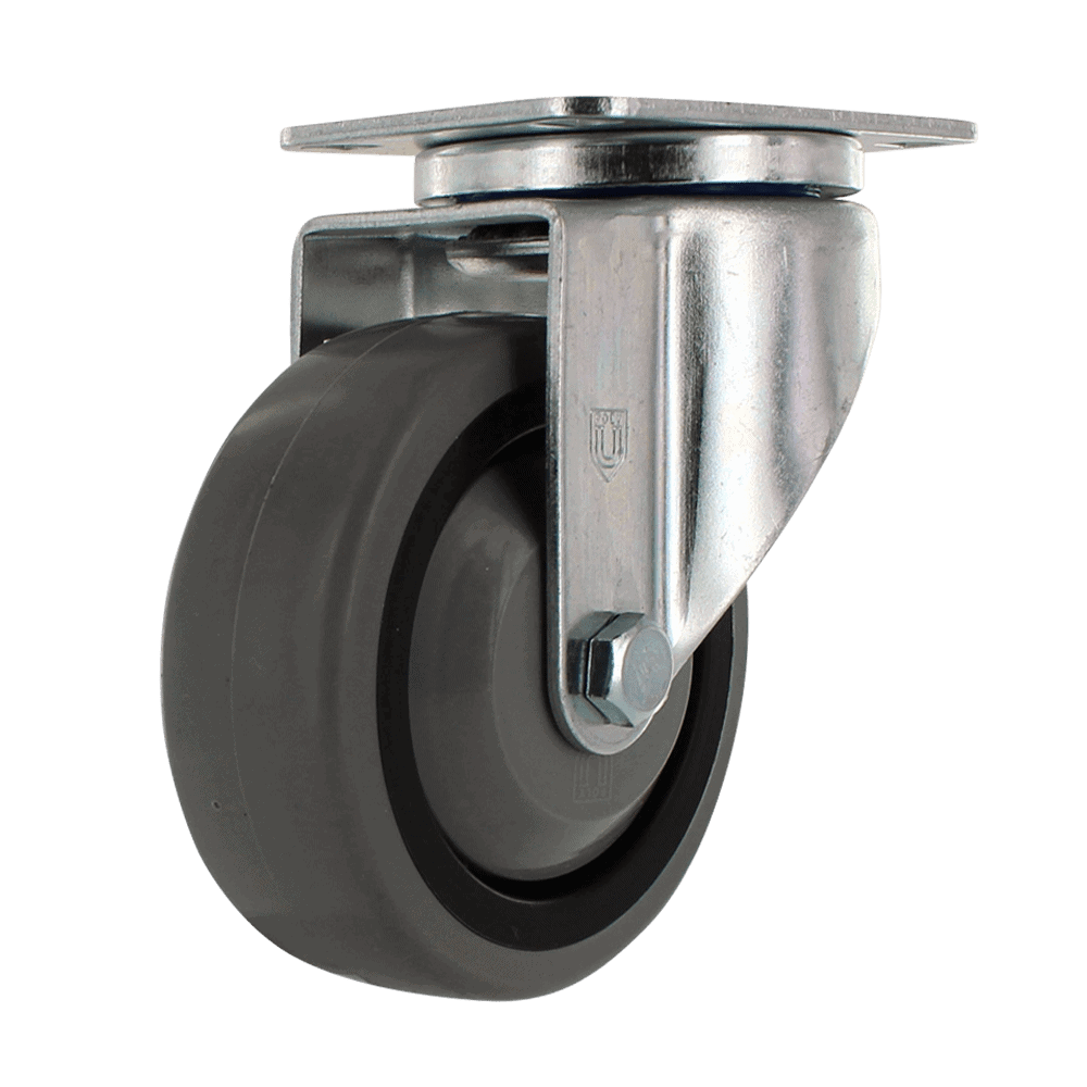 Quality black rubber wheel with durable metal mounting plate.