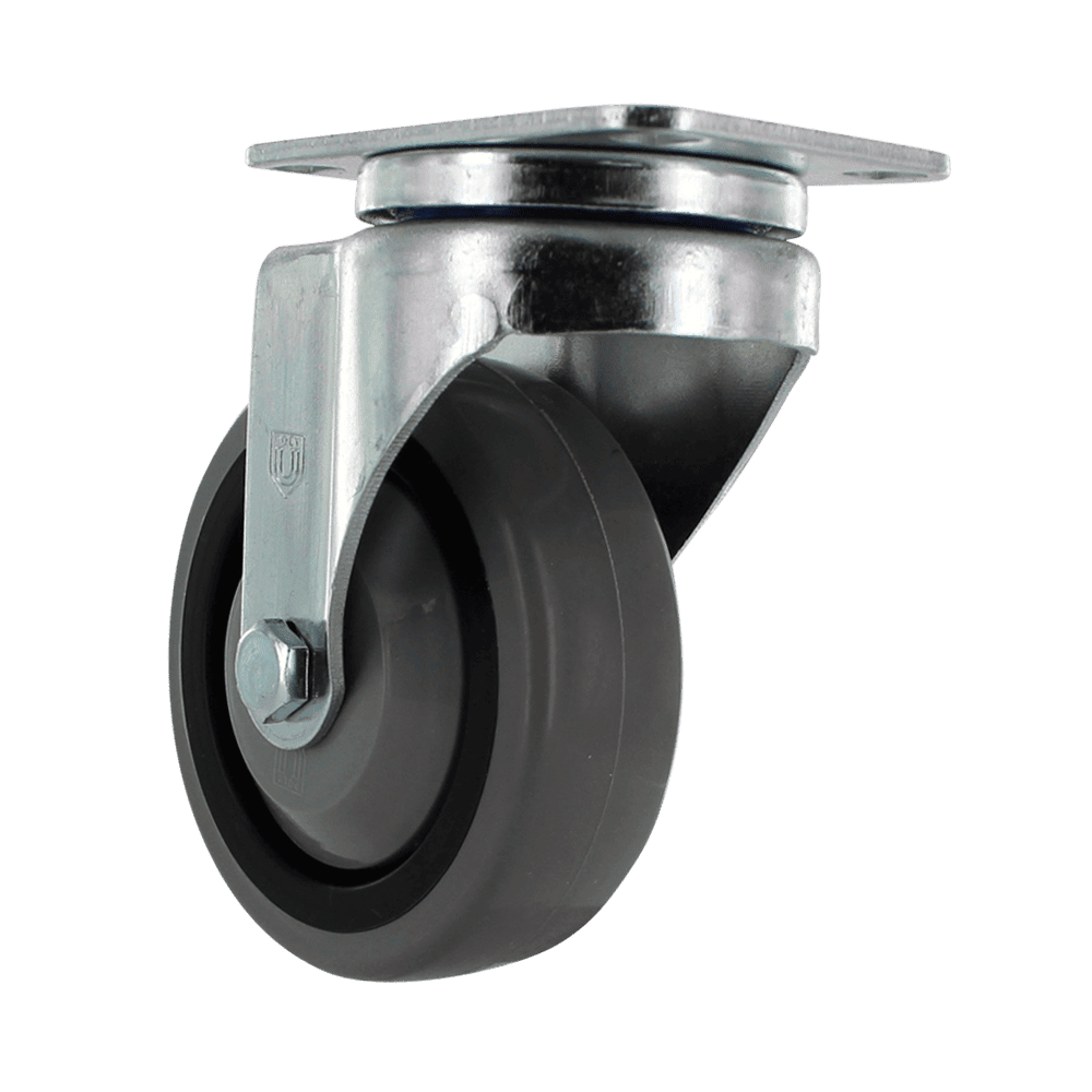 Industrial caster wheel with durable rubber tire and metal mounting plate.